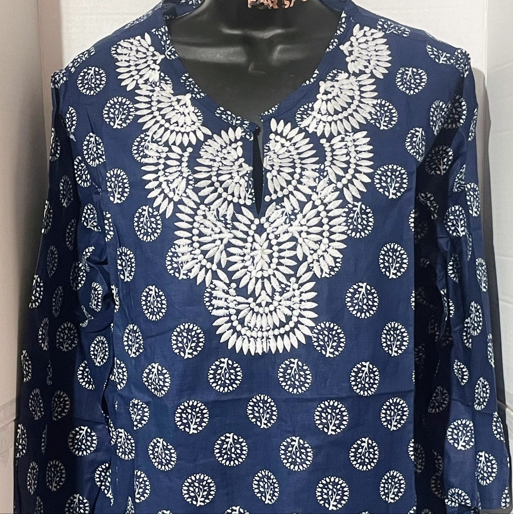 Navy and White Women's Tunic Top
